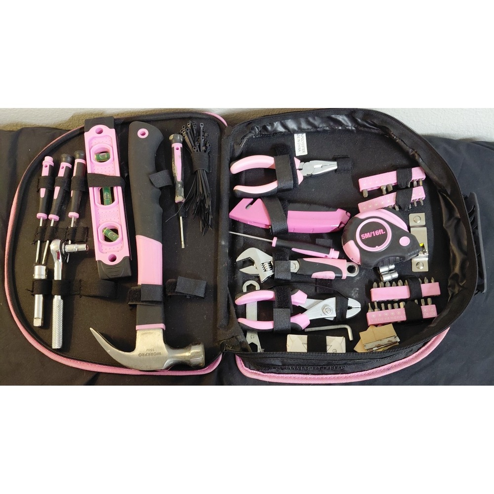 WORKPRO Pink Black Household Tool Kit Set w/ Carrying Case Hammer Pliers Level